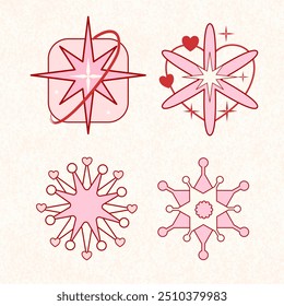 Snowflakes Christmas design vector, Snowflake Christmas design background vector, pink, y2k sparking, Snowflake set on isolated background. Isolated snowflake collection. Frost, cute