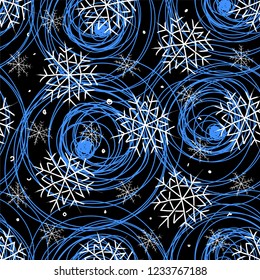 Snowflakes. Christmas festive seamless pattern on black night background. Winter. Vector image.