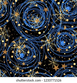 Snowflakes. Christmas festive seamless pattern on black night background. Winter. Vector image.
