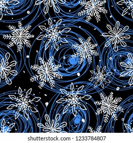 Snowflakes . Christmas festive seamless pattern on black night background. Winter. Snowstorm. Vector image.