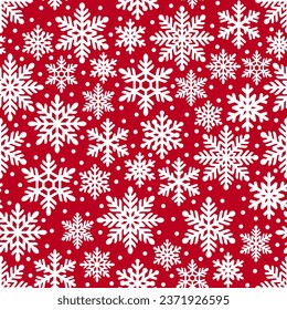 Snowflakes. Christmas seamless pattern with snowflakes. White snowflakes on a red background. Winter background.