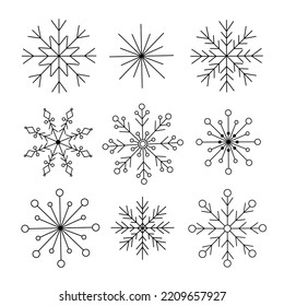 Schneeflocken Weihnachten Set einfache doodle lineare, handgezeichnete Vektorgrafik, Winterferien Neujahr Elemente für Jahreszeiten Grüße Karten, Einladungen, Banner, Poster, Aufkleber