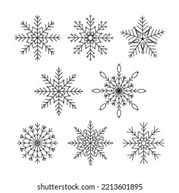 Snowflakes Christmas set simple doodle linear hand drawn vector illustration, winter holidays New Year elements for seasons greetings cards, invitations, banner, poster, stickers