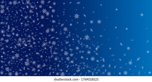 Schneeflocken. Weihnachtsschnee, Schneefall. Fallende Schneeflocken auf blauem Hintergrund. Weiße Schneeflocken fliegen in der Luft. Vektorgrafik