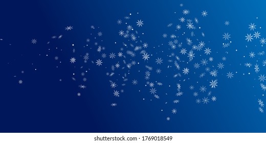 Copos de nieve. Nieve de Navidad, nevada. Caer copos de nieve en un fondo azul. Los copos de nieve blancos vuelan en el aire. Ilustración del vector