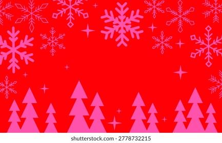Snowflakes and Christmas tree background. New year firtrees. Winter elements for holiday design. Red and pink