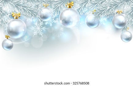 Snowflakes and Christmas tree baubles hanging from a Christmas tree background.