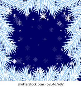 snowflakes and Christmas tree branches on a New Year's background