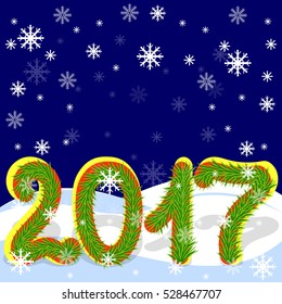 snowflakes and Christmas tree branches on a New Year's background