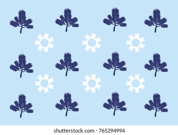 Snowflakes and Christmas tree branches pattern on a light blue backdrop
