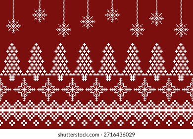 Flocos de neve e árvore de Natal no padrão de pixel para chapéu de inverno, jumper, suéter, envoltório, tecido, borda, borda, tapetes, cobertores, toalhas.