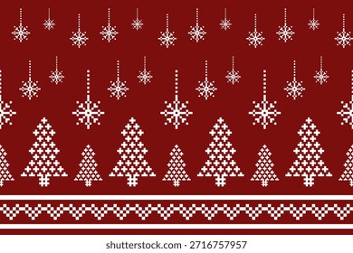 Flocos de neve e árvore de Natal no padrão de pixel para chapéu de inverno, jumper, suéter, envoltório, tecido, borda, borda, tapetes, cobertores, toalhas.