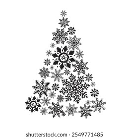 Copos de nieve en forma de árbol de Navidad. Ilustración gráfica de Vector para Navidades y decoración de Año Nuevo. Estrellas de hielo para el diseño de vacaciones de invierno. Clipart aislado para el Diseño web, tarjeta, impresión, escaparate, venta