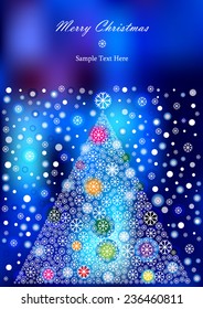 snowflakes christmas tree silhouette on blurry bright background