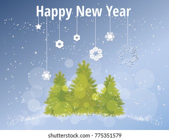 Snowflakes and christmas tree. Vector illustration of winter forest with snow and mist, suitable as Christmas greeting card