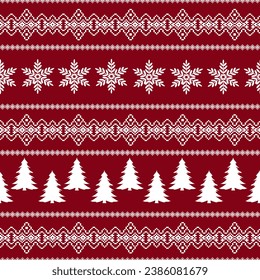 Snowflakes and Christmas trees in a pattern.Vector seamless pattern with white fir trees and snowflakes on a red background.