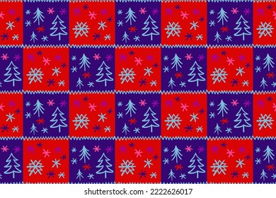Snowflakes and Christmas trees, seamless vector texture - pattern, punchy forms and colors that demand attention, Patchwork effect