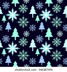 Snowflakes and Christmas trees seamless vector pattern. Winter textile collection. On dark blue. Backgrounds & textures shop.