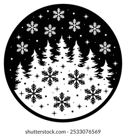 Snowflakes in Circle, Christmas Scene, Hand Drawn Vector Illustration