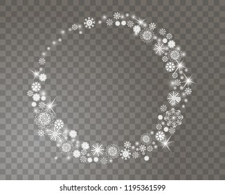 Snowflakes circle frame on a transparent background for your Christmas design. Abstract snowfall background with place for your text. Vector illustration