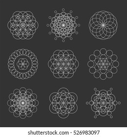 Snowflakes. Circle geometric shapes. Linear mandalas. Sacred patterns. Vector set