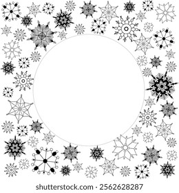 Plantilla de marco redondo circular de copos de nieve, ilustración de línea gráfica de Vector