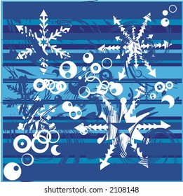 Snowflakes and circles on a Blue striped retro background. File contains no gradients. The illustration is layered and easy to edit.