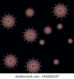 Snowflakes Cold Sharp Colorful Winter Ornament. Winter Folk Dark Gothic Stars Design Pic. MysteryNew Year Girl Mandala Girl Wallpaper. Print Chaotic Pink Christmas Black Sky Wallpaper.