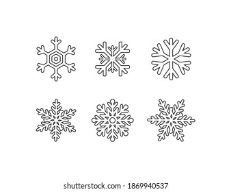 Snowflakes collection. Black lines Snowflake, isolated. Six different Snowflakes in flat style for web design. Vector illustration