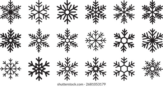 Coleção de flocos de neve. Conjunto de flocos de neve pretos, ilustração vetorial de inverno. Estilo infantil. Ilustração vetorial Flocos de neve encantadores em um fundo branco