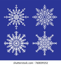 Snowflakes collection closeup of unique ice crystals small particles of snow vector illustrations set isolated on dark blue background in flat style
