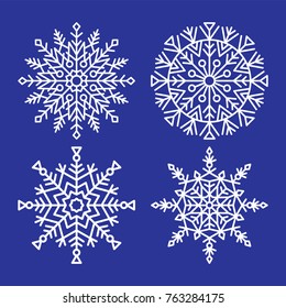 Snowflakes collection closeup of unique ice crystals small particles of snow vector illustrations set isolated on dark blue background in flat style