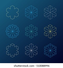 Snowflakes collection. Hexagonal shapes set. Crystal forms. Winter design elements. Hexagonal vector illustration. Cosmic concept.