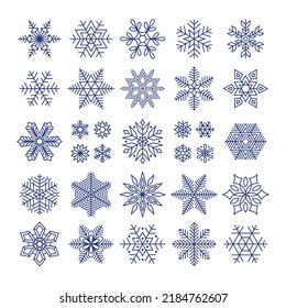 Snowflakes collection icons design. Natural snowflake, abstract holidays stars, christmas stickers for glass template. Decorative winter tidy vector elements