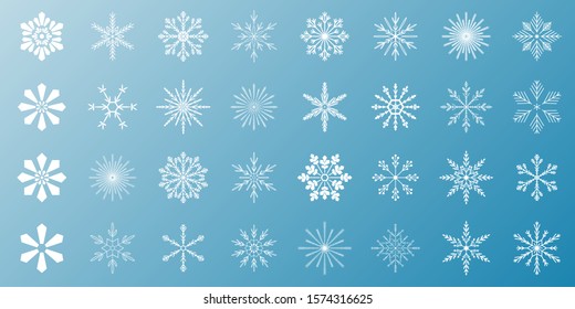Snowflakes collection isolated on blue background. Flat snow icon silhouette. New year theme.Vector illustration