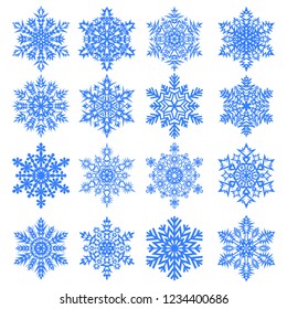 Schneeflocken-Kollektion einzeln auf hellem Hintergrund. Flache Schneesymbole, Schneeflocken Silhouette. Schönes Element für Weihnachtsbanner, Karten.