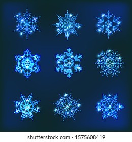 Snowflakes collection with light glow effect, sparkles and shining light effect for Christmas or New Year greeting card. Vector illustration.