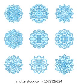 snowflakes collection set. Flat line snow icons, snow flakes silhouette. New year ornament.