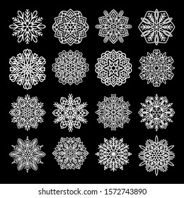 Snowflakes collection set. Flat line snow icons, snow flakes silhouette. New year ornament