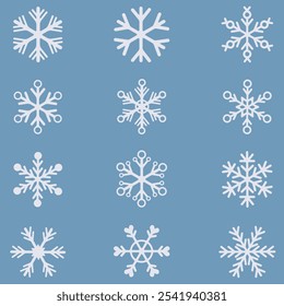 Snowflakes collection. Winter set of white snowflakes on dark blue background. Christmas and New year collection. Snowflakes icons. Flat design. Vector illustration.