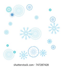 Snowflakes Confetti. Christmas or New Year Festive Celebration Background. Flying or Falling Blue Snowflakes Confetti on White. Falling Snow Background, Winter Mood, Frost Ice Weather. Cold Snow Frame