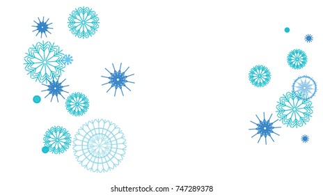Snowflakes Confetti. Christmas or New Year Festive Celebration Background. Flying or Falling Blue Snowflakes Confetti on White. Falling Snow Background, Winter Mood, Frost Ice Weather. Cold Snow Frame