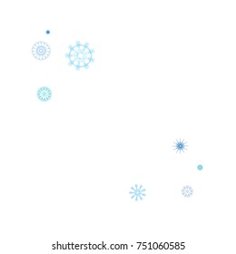 Snowflakes Confetti. Christmas or New Year Festive Celebration Background. Flying or Falling Blue Snowflakes Confetti on White. Falling Snow Background, Winter Mood, Frost Ice Weather. Cold Snow Frame