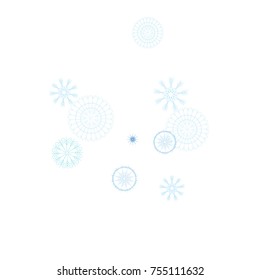 Snowflakes Confetti. Christmas or New Year Festive Celebration Background. Flying or Falling Blue Snowflakes Confetti on White. Falling Snow Background, Winter Mood, Frost Ice Weather. Cold Snow Frame