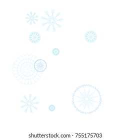 Snowflakes Confetti. Christmas or New Year Festive Celebration Background. Flying or Falling Blue Snowflakes Confetti on White. Falling Snow Background, Winter Mood, Frost Ice Weather. Cold Snow Frame