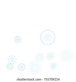 Snowflakes Confetti. Christmas or New Year Festive Celebration Background. Flying or Falling Blue Snowflakes Confetti on White. Falling Snow Background, Winter Mood, Frost Ice Weather. Cold Snow Frame