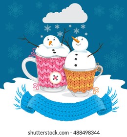 Snowflakes in cups Merry Christmas greeting card. Merry Christmas illustration. Winter background. Postcard New Year. 