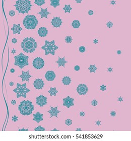 Snowflakes decorated with circles and dots. Christmas and New Year theme. Happy smiling snowflakes seamless pattern. Vector winter design on a neutral background.