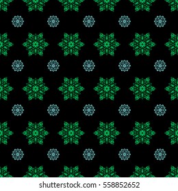 Snowflakes decorated with circles and dots. Christmas and New Year 2018 theme. Happy smiling green and blue snowflakes seamless pattern. Vector winter design on black background.