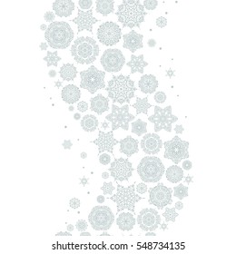 Snowflakes decorated with circles and dots. Happy smiling gray snowflakes seamless pattern. Christmas and New Year theme. Vector winter design on white background.